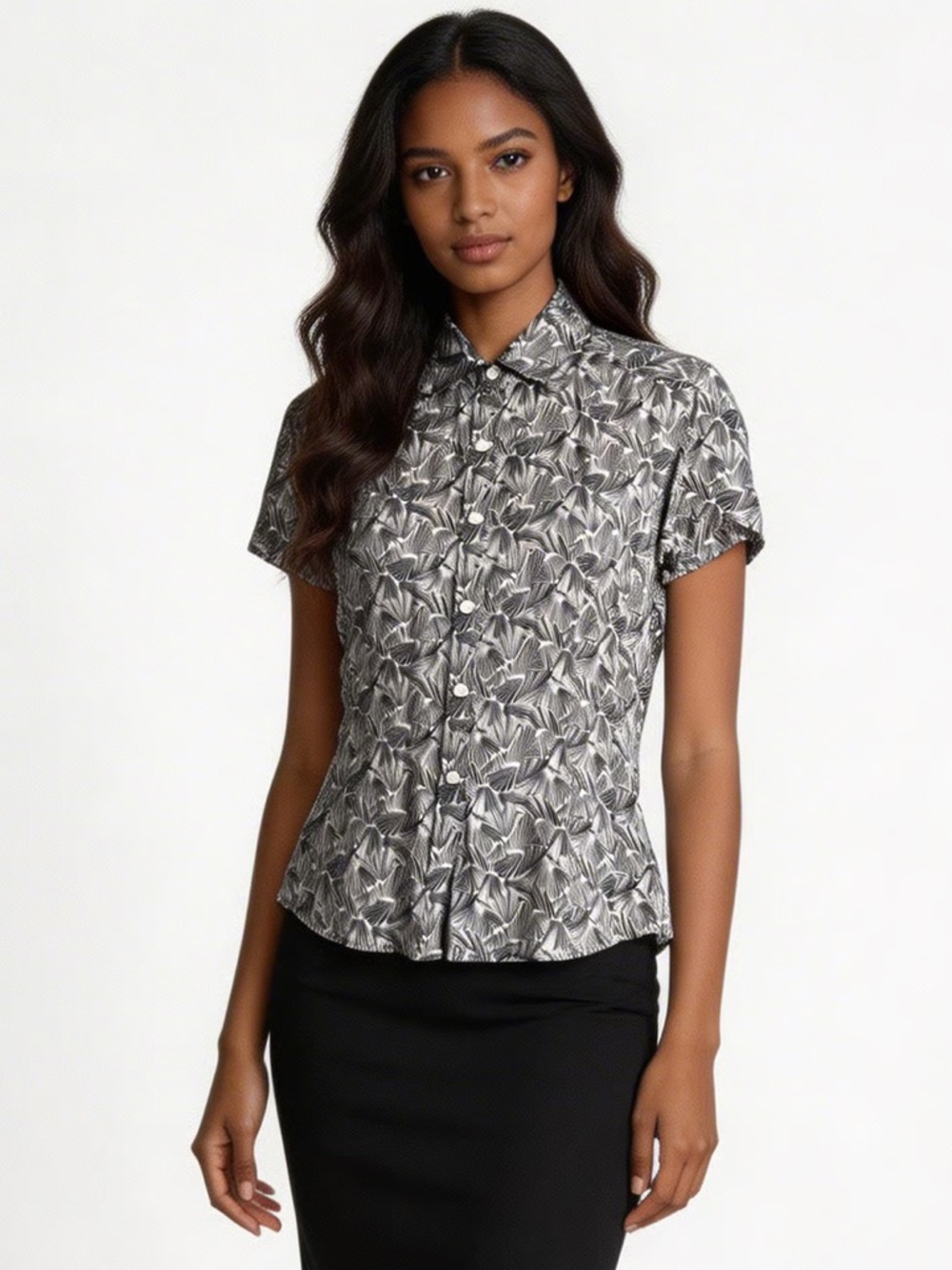 ANN TAYLOR |  Black & White Printed Button Down Short Sleeve Blouse Sz 0